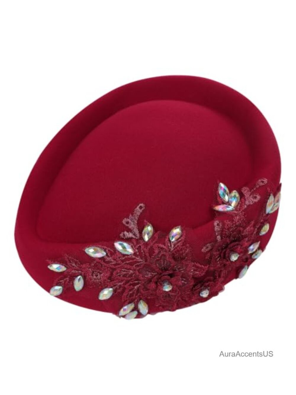 Felt Beret Hat Leaf Lace Rhinestone Decor Vintage Formal Dress Cap Women
